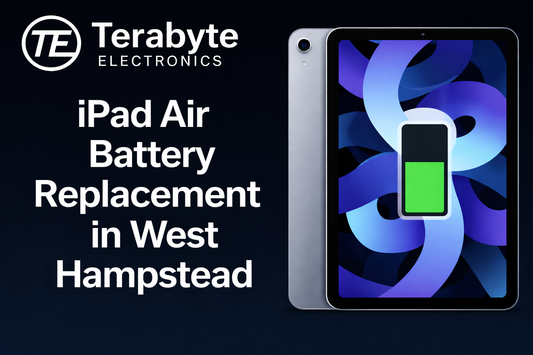 iPad Air battery replacement in West Hampstead by Terabyte Electronics showing tablet with green battery icon on dark blue background