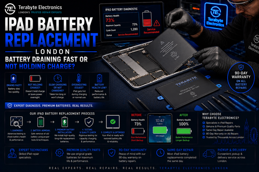 An electronics specialist using localized micro-thermal heat tools and anti-static wedges to safely extract an old battery pack from an open Apple iPad chassis.