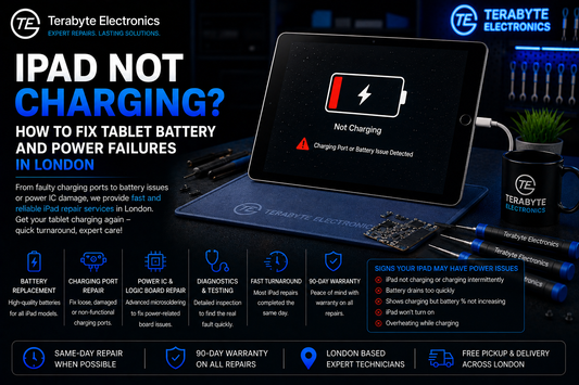 iPad not charging repair service infographic by Terabyte Electronics London, detailing tablet battery replacements, charging port fixes, and power IC logic board diagnostics.