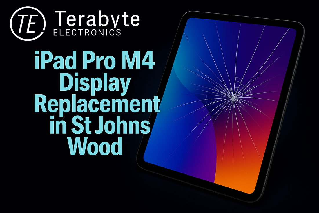 iPad Pro M4 display replacement in St Johns Wood with cracked screen illustration by Terabyte Electronics
