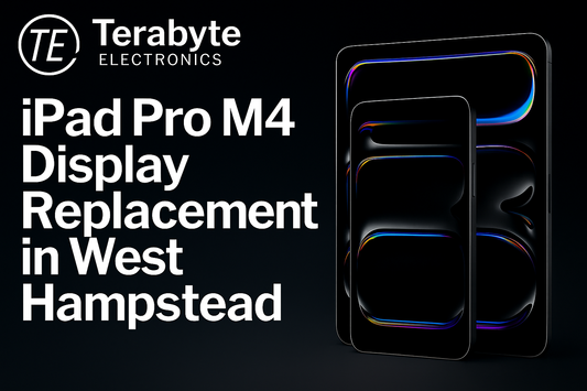 iPad Pro M4 display replacement in West Hampstead – Terabyte Electronics blog graphic showing iPad Pro M4 models with neon display visuals on a dark background.