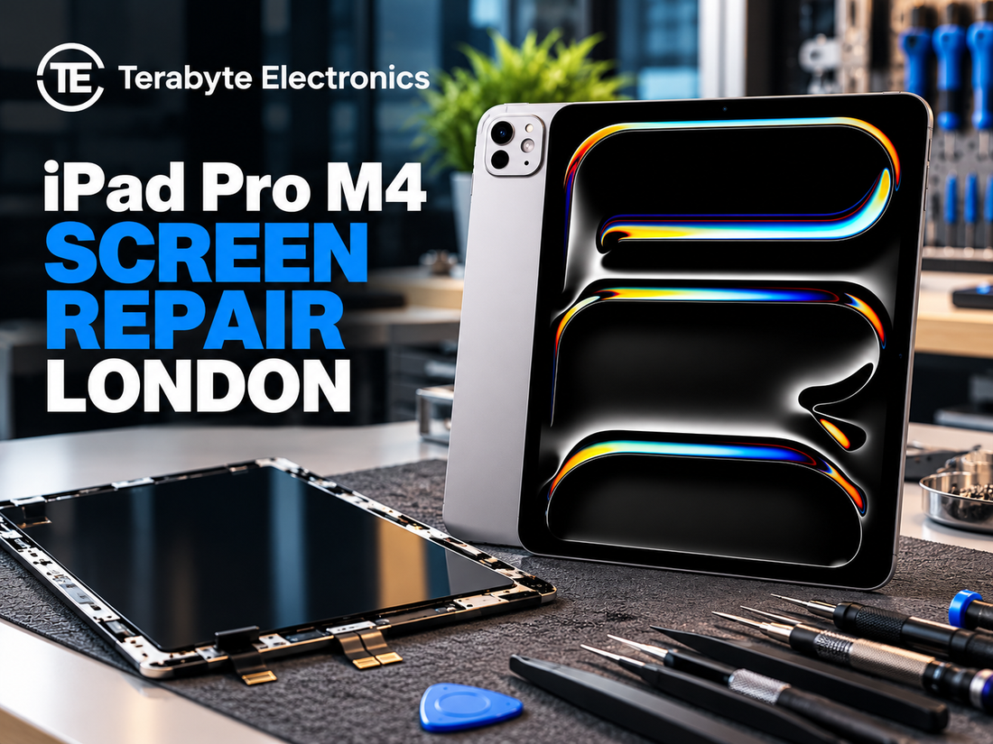 Cracked 13-inch iPad Pro M4 Tandem OLED screen on a repair mat during display assessment in London