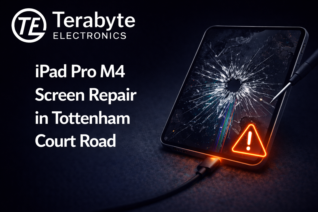 iPad Pro M4 screen repair in Tottenham Court Road showing cracked display and professional tablet repair service by Terabyte Electronics