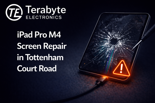 iPad Pro M4 screen repair in Tottenham Court Road showing cracked display and professional tablet repair service by Terabyte Electronics