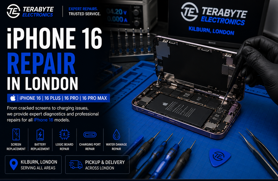 iPhone 16 Pro Max open on an antistatic repair mat undergoing hardware diagnostic assessment at Terabyte Electronics London.