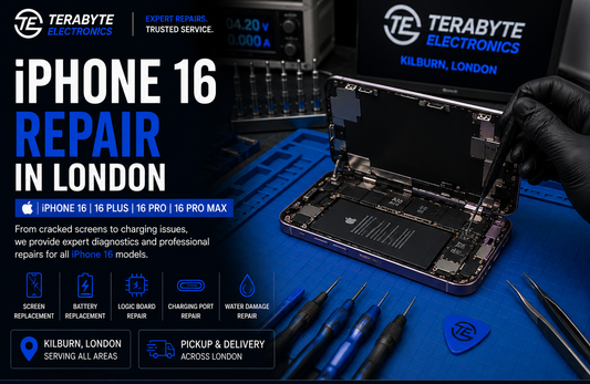 iPhone 16 Pro Max open on an antistatic repair mat undergoing hardware diagnostic assessment at Terabyte Electronics London.