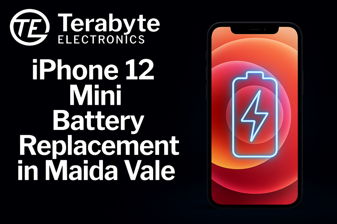 iPhone 12 Mini with glowing battery icon on screen – Terabyte Electronics blog image for 'iPhone 12 Mini Battery Replacement in Maida Vale'.