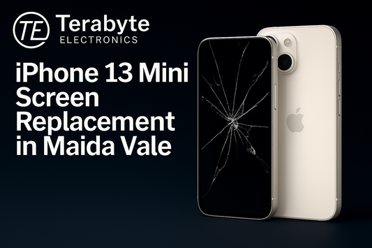 iPhone 13 Mini screen replacement in Maida Vale – Terabyte Electronics dark-mode promo showing a cracked iPhone 13 Mini front display next to a starlight rear view.