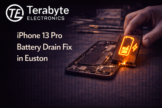 iPhone 13 Pro battery drain repair in Euston showing battery replacement and internal diagnostics by Terabyte Electronics