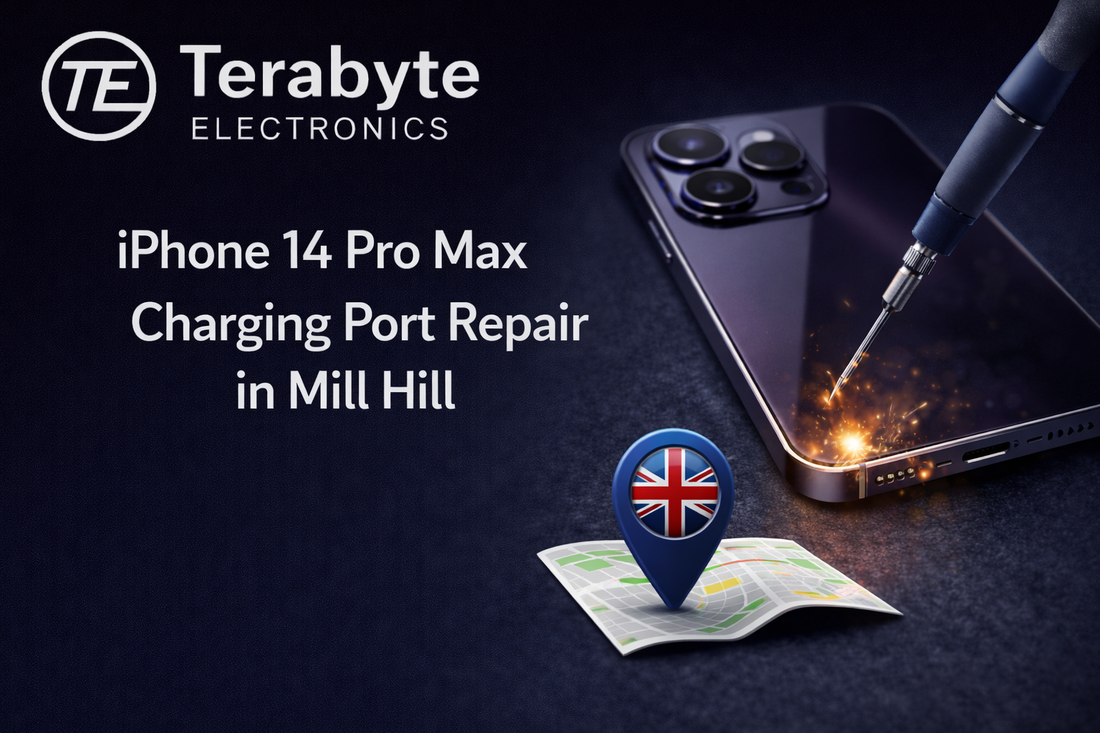 iPhone 14 Pro Max charging port repair in Mill Hill showing professional repair work by Terabyte Electronics London