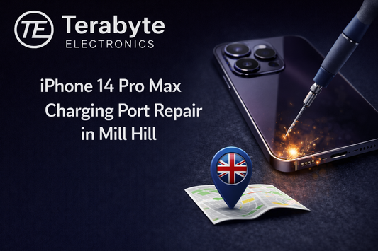 iPhone 14 Pro Max charging port repair in Mill Hill showing professional repair work by Terabyte Electronics London