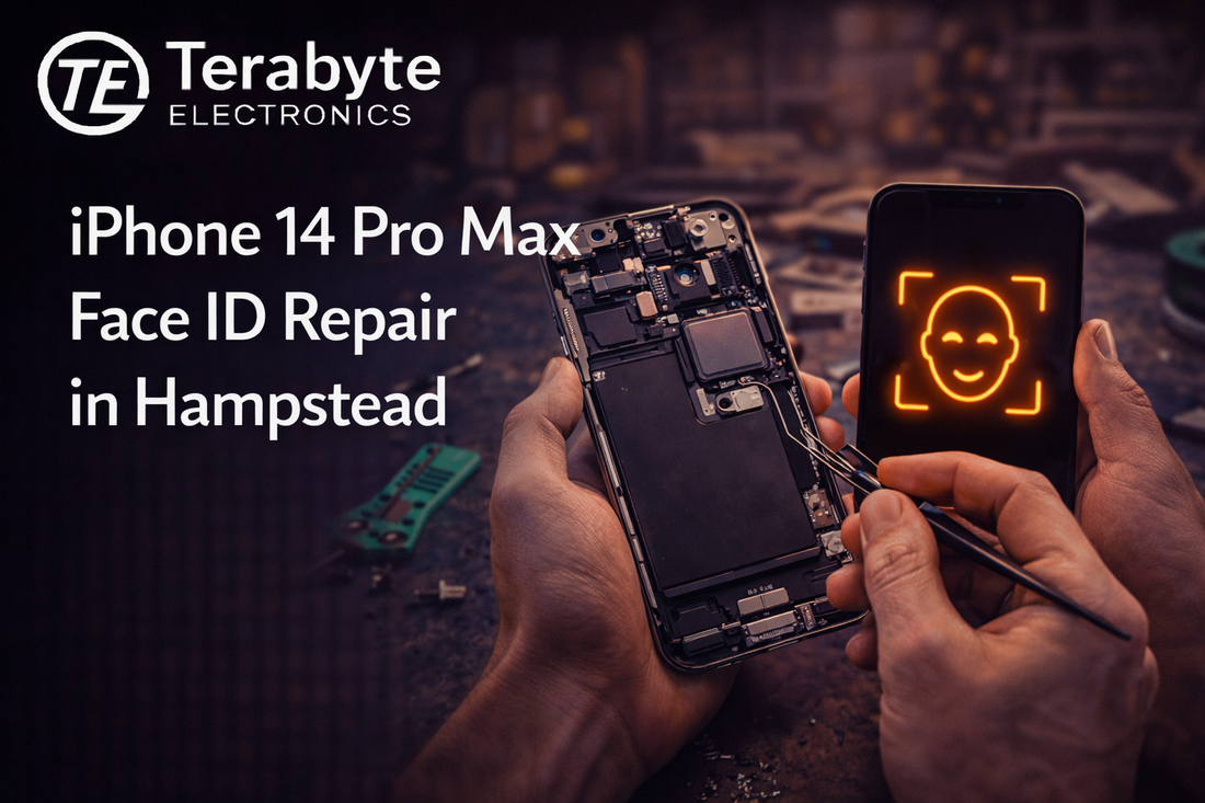 iPhone 14 Pro Max Face ID repair in Hampstead by Terabyte Electronics, showing technician fixing Face ID components inside the device