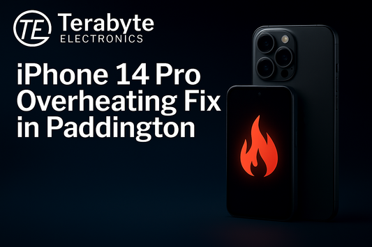 iPhone 14 Pro overheating fix in Paddington – Terabyte Electronics dark-mode promo image showing an overheating warning flame icon on the iPhone screen.
