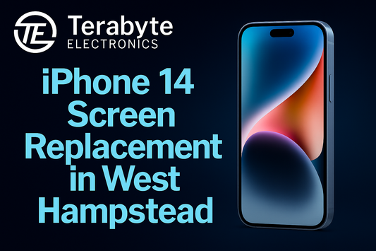 iPhone 14 screen replacement in West Hampstead by Terabyte Electronics showing a repaired display with vibrant colors.