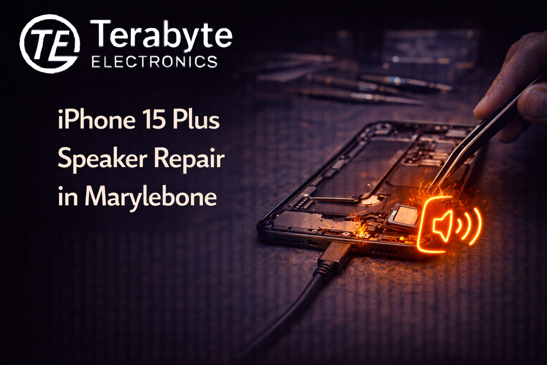 iPhone 15 Plus speaker repair in Marylebone showing internal speaker replacement and audio diagnostics by Terabyte Electronics