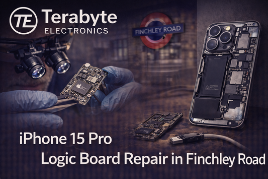 iPhone 15 Pro logic board repair in Finchley Road by Terabyte Electronics, showing professional micro-soldering and internal motherboard diagnostics.