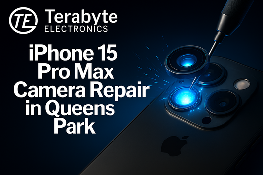 iPhone 15 Pro Max camera repair in Queens Park by Terabyte Electronics showing professional lens replacement with precision tools.