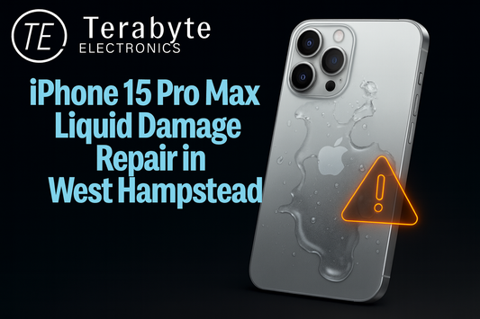 iPhone 15 Pro Max liquid damage repair in West Hampstead – water-damaged iPhone with warning icon shown, Terabyte Electronics professional mobile repair service.