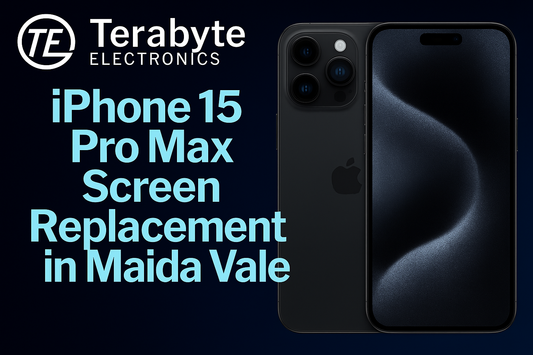 iPhone 15 Pro Max Screen Replacement in Maida Vale – Terabyte Electronics professional phone repair service featuring iPhone 15 Pro Max with sleek dark design and glowing tech background.