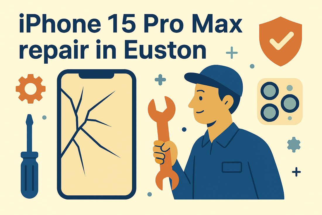 Illustration of an iPhone 15 Pro Max repair in Euston featuring a cracked phone screen, technician with a wrench, and repair icons, representing iPhone repair NW1.