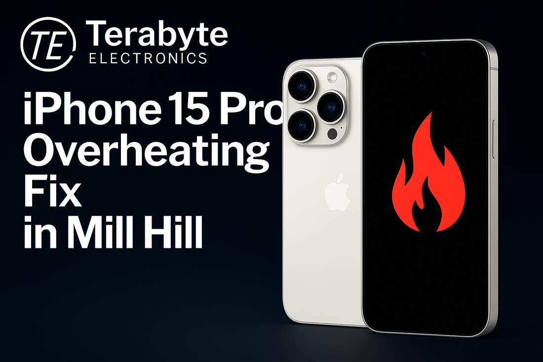 iPhone 15 Pro overheating fix in Mill Hill – Terabyte Electronics repair image with white titanium iPhone and overheating alert icon.