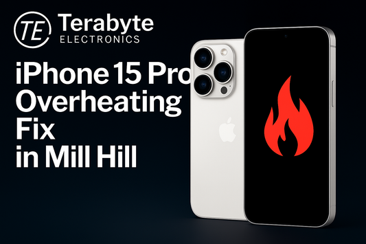 iPhone 15 Pro overheating fix in Mill Hill – Terabyte Electronics repair image with white titanium iPhone and overheating alert icon.