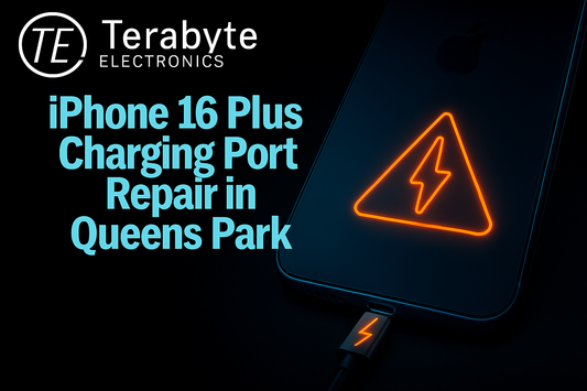 iPhone 16 Plus charging port repair in Queens Park – neon warning icon and cable connected, Terabyte Electronics blog image.