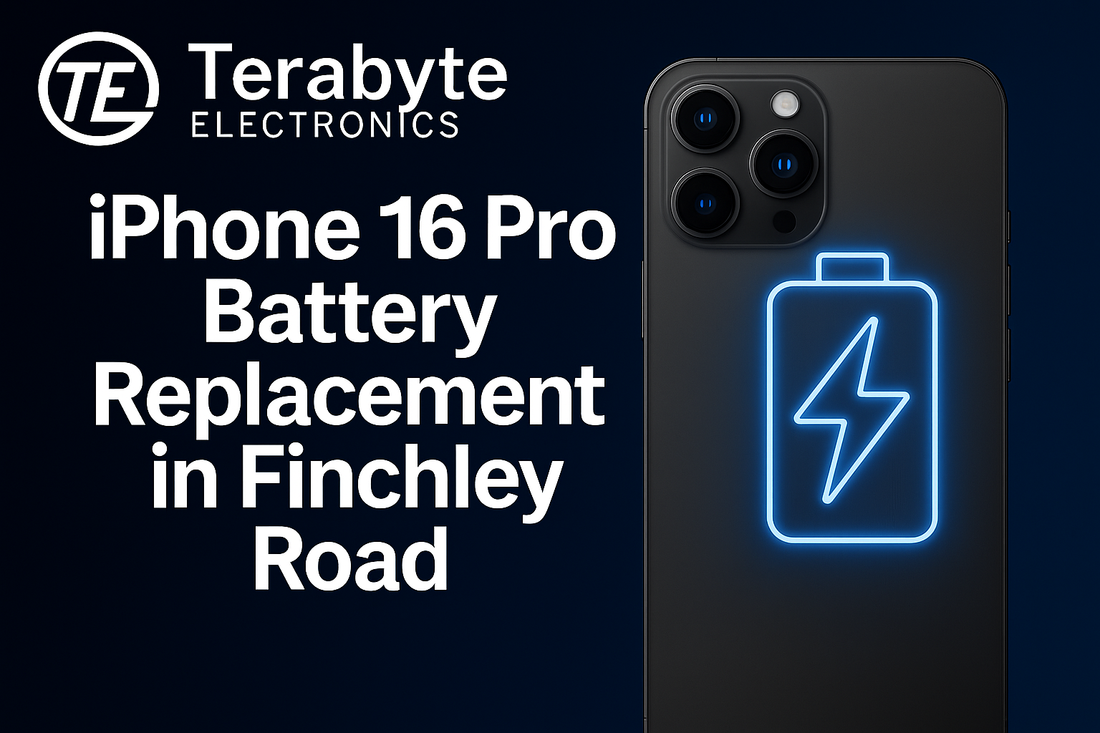 iPhone 16 Pro Battery Replacement in Finchley Road – Terabyte Electronics professional repair service with neon blue battery icon on dark background.