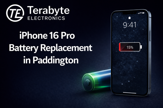 iPhone 16 Pro showing low battery warning with a replacement battery icon, representing professional battery replacement service in Paddington by Terabyte Electronics.