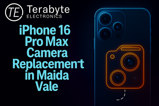 iPhone 16 Pro Max camera replacement in Maida Vale – Terabyte Electronics neon-style repair graphic showing rear camera module illustration.
