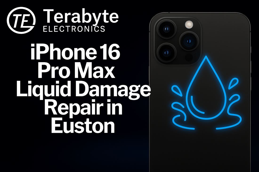 iPhone 16 Pro Max with glowing blue water drop symbol representing liquid damage repair – Terabyte Electronics blog image for iPhone 16 Pro Max Liquid Damage Repair in Euston.