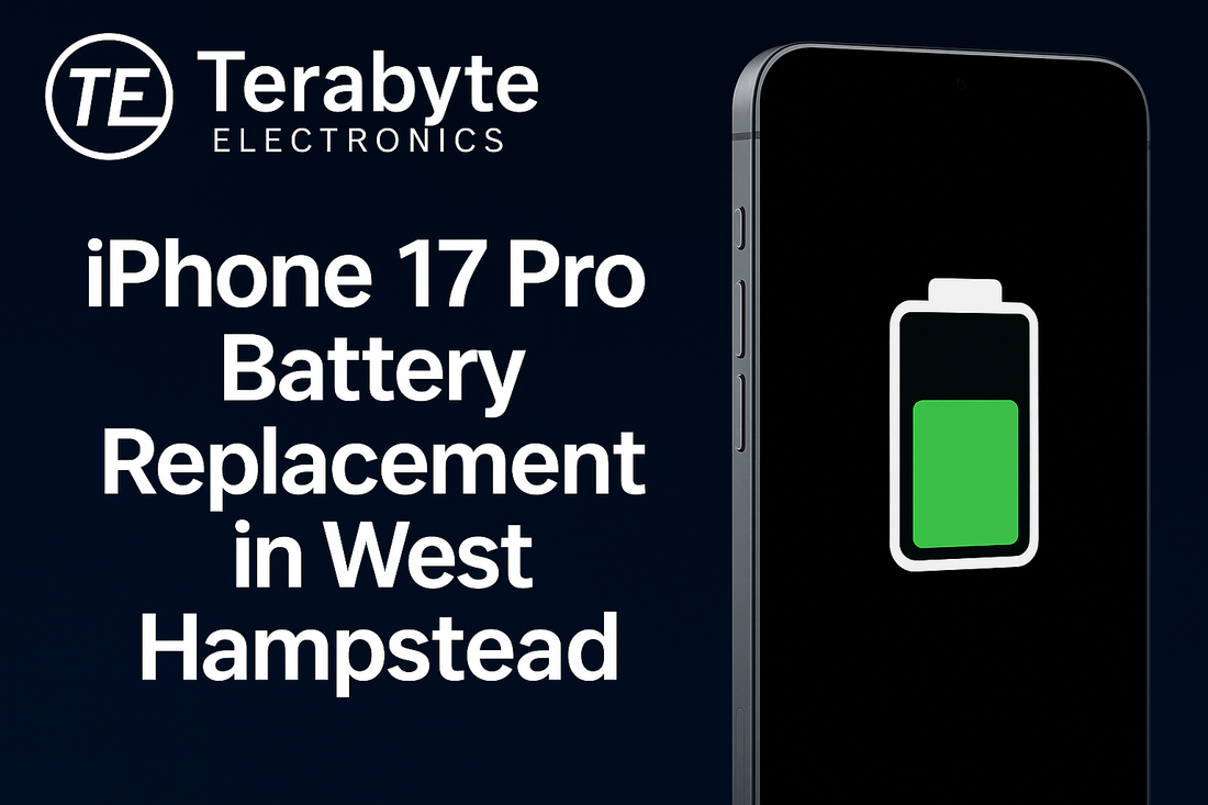 iPhone 17 Pro battery replacement in West Hampstead by Terabyte Electronics showing smartphone with battery icon on dark background.