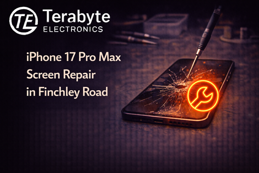 iPhone 17 Pro Max screen repair in Finchley Road showing cracked display being fixed by Terabyte Electronics technicians