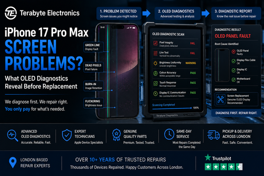 Terabyte Electronics advanced iPhone 17 Pro Max OLED display diagnostic workflow chart showing screen fault scanning and component validation in London.