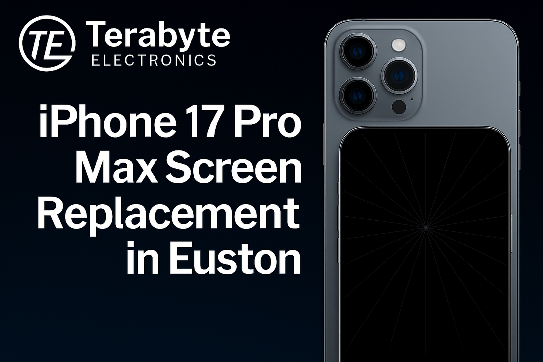 iPhone 17 Pro Max screen replacement in Euston by Terabyte Electronics showing smartphone with cracked display on dark background