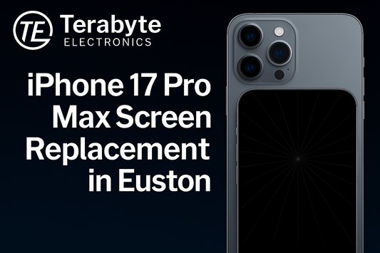 iPhone 17 Pro Max screen replacement in Euston by Terabyte Electronics showing smartphone with cracked display on dark background