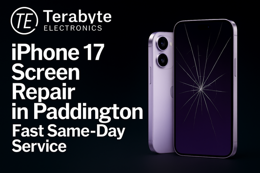 iPhone 17 screen repair in Paddington – fast same-day service graphic featuring a cracked purple iPhone 17 and Terabyte Electronics branding on a dark background.