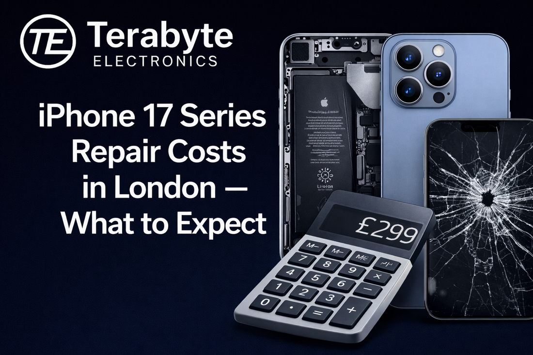 iPhone 17 series repair cost comparison in London showing screen damage, internal parts and pricing by Terabyte Electronics
