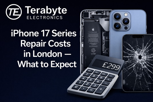 iPhone 17 series repair cost comparison in London showing screen damage, internal parts and pricing by Terabyte Electronics