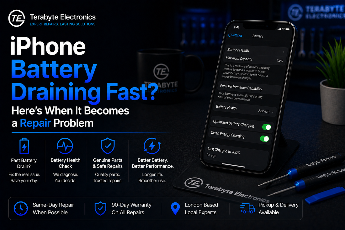 iPhone battery draining fast repair near me in London fixing battery performance and overheating issues