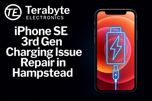 iPhone SE 3rd Gen with glowing charging icon on screen – Terabyte Electronics blog image for 'iPhone SE 3rd Gen Charging Issue Repair in Hampstead'.