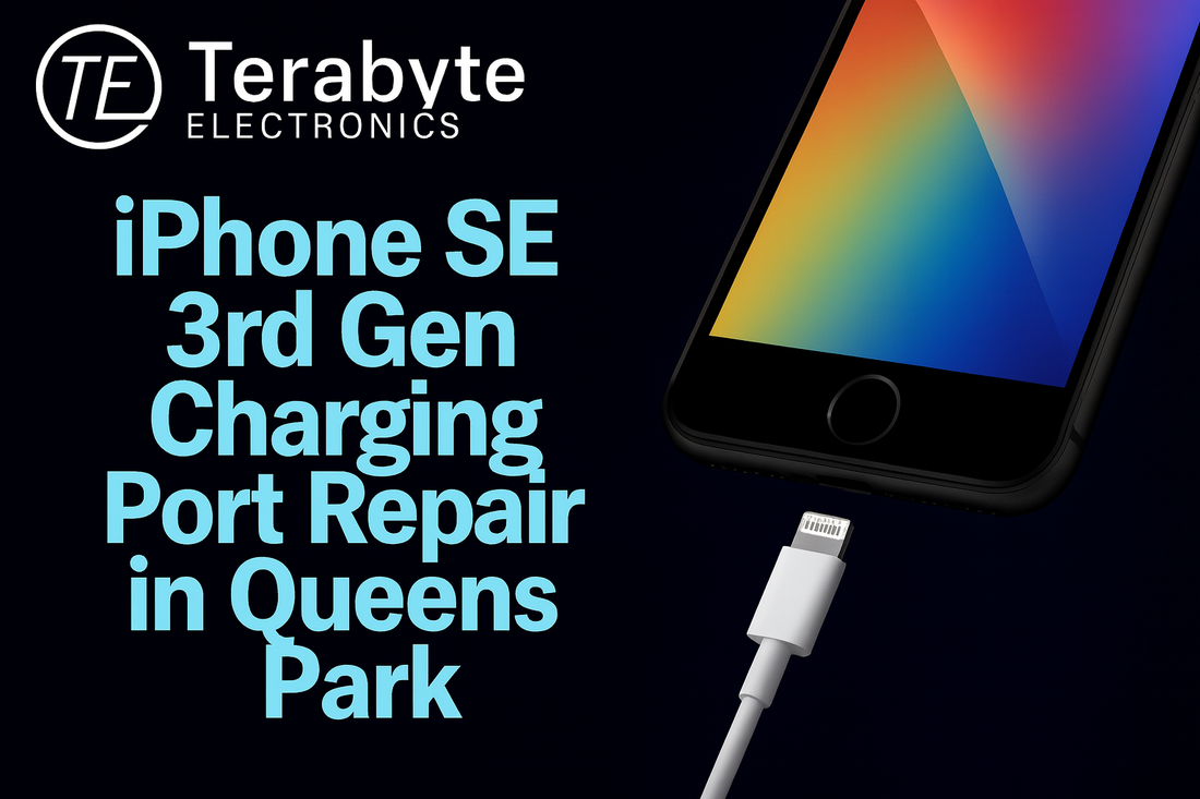 iPhone SE 3rd Gen charging port repair in Queens Park – Terabyte Electronics blog image showing charging cable and device for professional phone repair services in London.