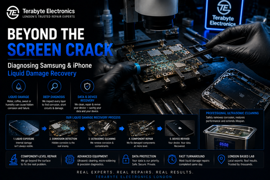 Professional ultrasonic cleaning tank removing corrosion from a smartphone motherboard at Terabyte Electronics London.