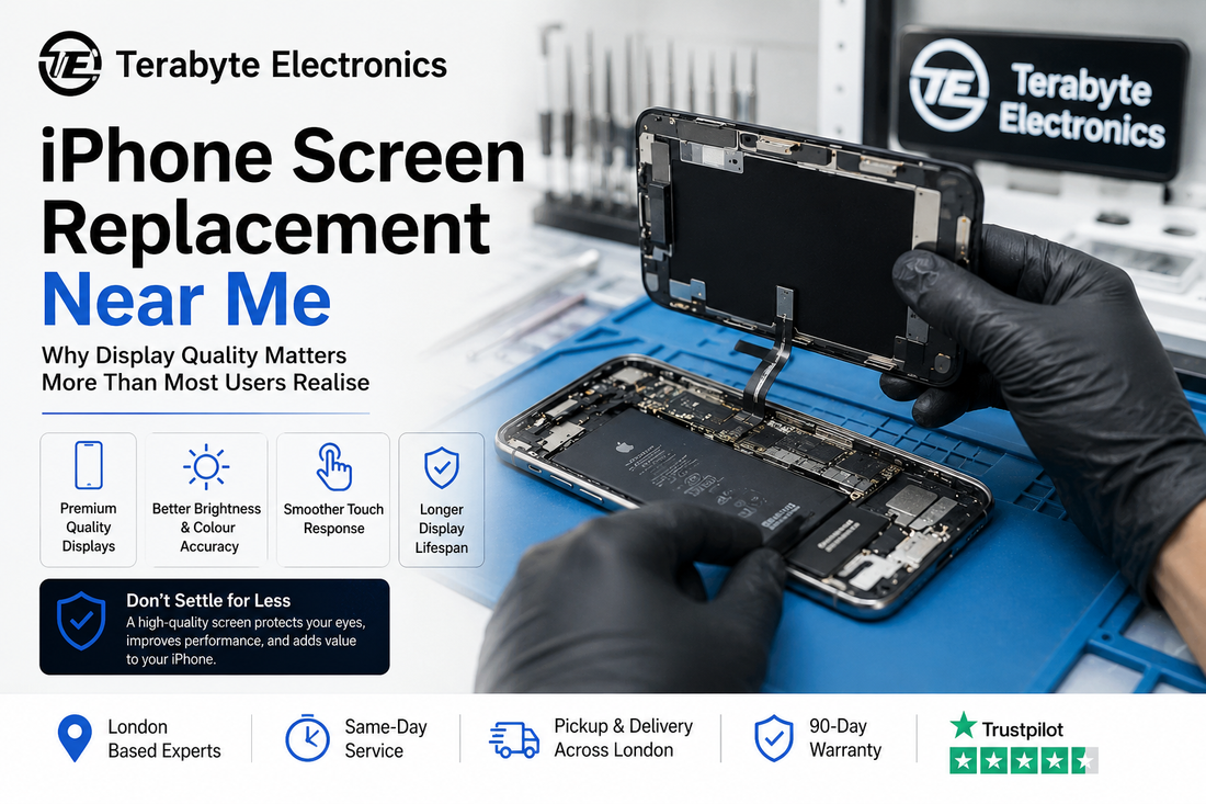Professional technician performing premium iPhone screen replacement and display diagnostics on a repair mat at Terabyte Electronics London.