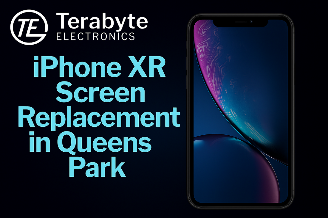 iPhone XR Screen Replacement in Queens Park – Terabyte Electronics showcasing iPhone XR with vibrant display on dark tech background for professional screen repair service.