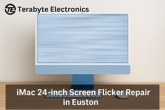 Terabyte Electronics – iMac 24-inch with a flickering screen showing horizontal lines, placed on a wooden desk with keyboard and mouse, promoting screen flicker repair services in Euston.