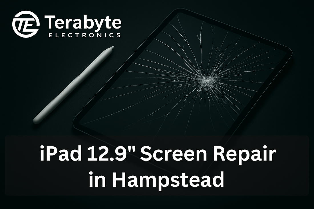 iPad 12.9-inch screen repair service in Hampstead by Terabyte Electronics, showing a cracked display ready for replacement.