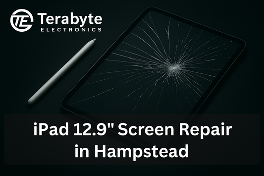 iPad 12.9-inch screen repair service in Hampstead by Terabyte Electronics, showing a cracked display ready for replacement.