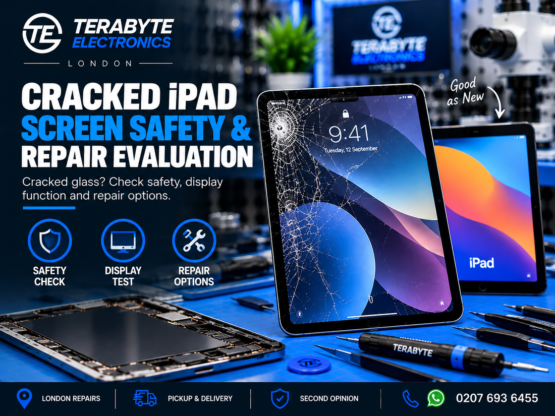 An iPad with a cracked front glass display undergoing safety and hardware evaluation on a workbench at Terabyte Electronics in London.