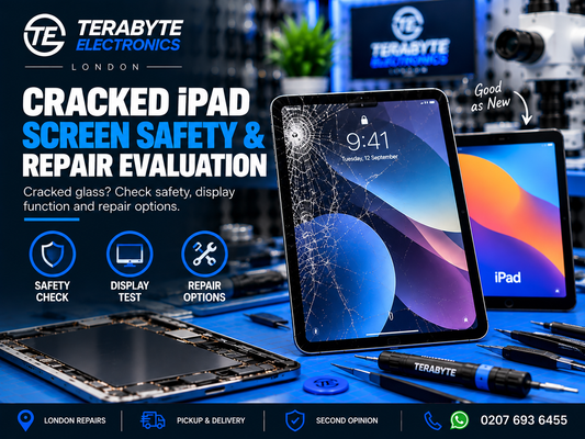 An iPad with a cracked front glass display undergoing safety and hardware evaluation on a workbench at Terabyte Electronics in London.